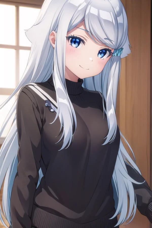 nayutakani, <lora:nayuta kani s1-lora-nochekaiser:1>,
nayuta kani, long hair, blue eyes, white hair, hair ornament, ahoge, scrunchie, hair scrunchie, blue scrunchie, smile, blush, smug,
BREAK sweater, long sleeves, ribbon, 
BREAK indoors,
BREAK looking at viewer, (cowboy shot:1.5),
BREAK <lyco:GoodHands-beta2:1>, (masterpiece:1.2), best quality, high resolution, unity 8k wallpaper, (illustration:0.8), (beautiful detailed eyes:1.6), extremely detailed face, perfect lighting, extremely detailed CG, (perfect hands, perfect anatomy),