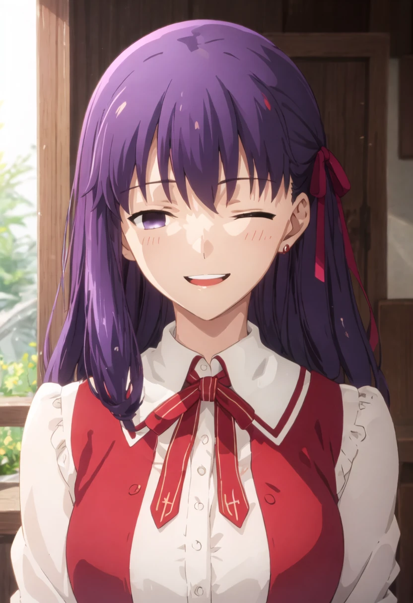 best quality, masterpiece, highres, solo, {matou_sakura_fatestaynightufotable:0.90}, smile, happy, one_eye_closed, portrait, looking at viewer