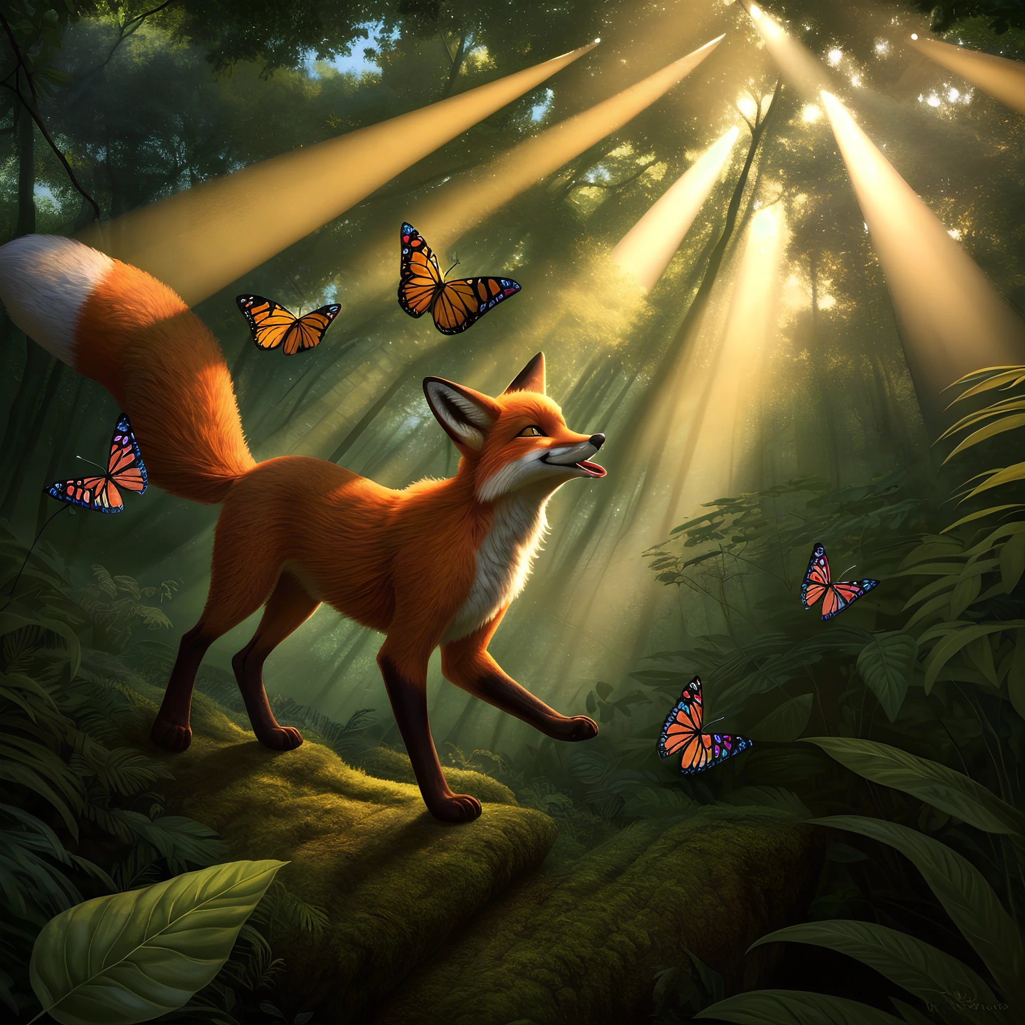 a playful furries fox character frolicking in a sun-dappled forest clearing. Surround the fox with vibrant foliage and (fluttering butterflies), with rays of sunlight streaming through the canopy above, casting dynamic shadows across the scene.