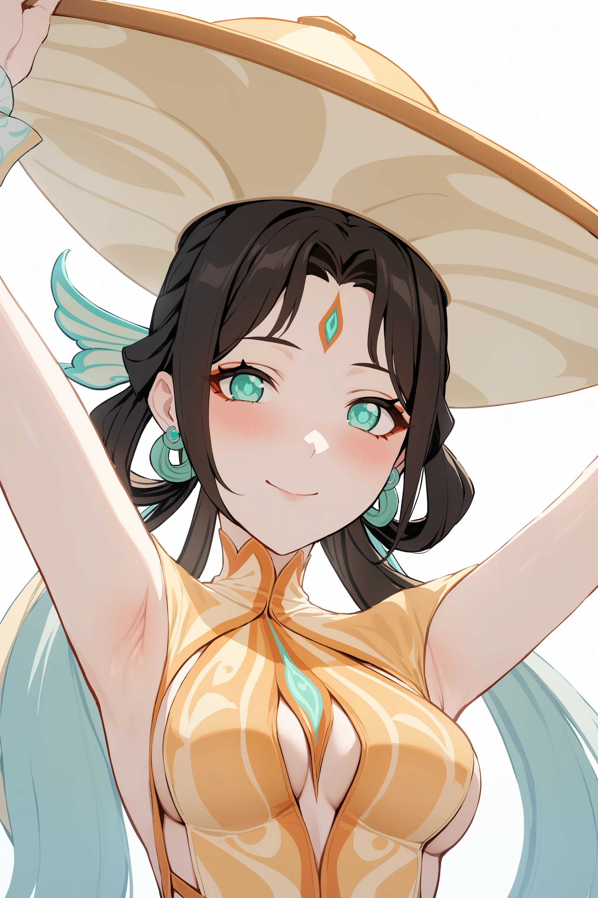masterpiece, best quality, 1girl, <lora:spgiFujinXL:1> fujin, hair ornament, hair rings, forehead jewel, earrings, orange dress, arms up, blush, closed mouth, hand on headwear, smile, solo