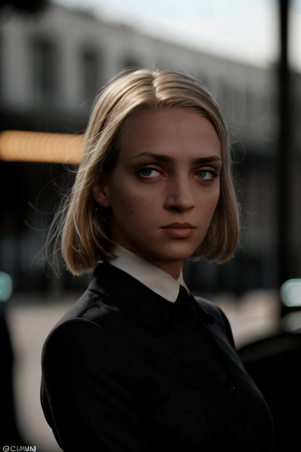 a photo of um4,blonde collected hair,close-up,black shirt,street background,(night),add_detail,soft lighting,extreme dof,bokeh,cinematic,sharp focus
