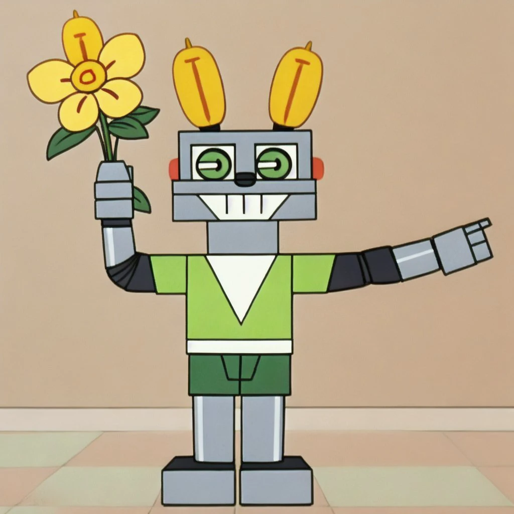 <lora:robozayats-50:0.7>
robozayats, solo, bulb ears, happy, green shirt, green eyes, dark green shorts,
holding flower,