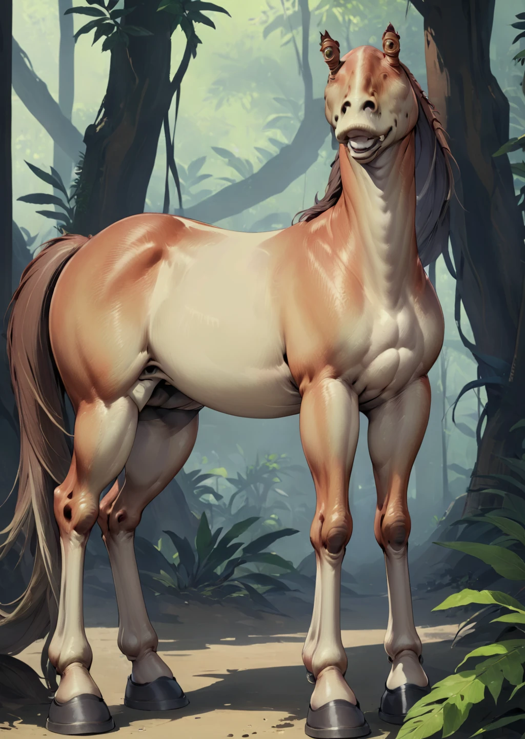 masterpiece, best quality, jjbinx:1.5 <lora:JarJarXL2-000026:1.5>, horse, soft light, multicolored legwear, unappetizing, jungle, making eye contact