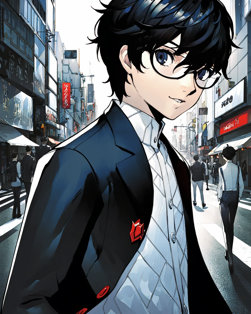 1boy, amamiya_ren, amamiya_ren_\(persona_5\), glasses, persona 5, closeup portrait, standing in shibuya street, wearing school uniform, masterpiece, newest, best quality, high quality, soejima_shigenori <lora:soejima_style_xl_c:1>