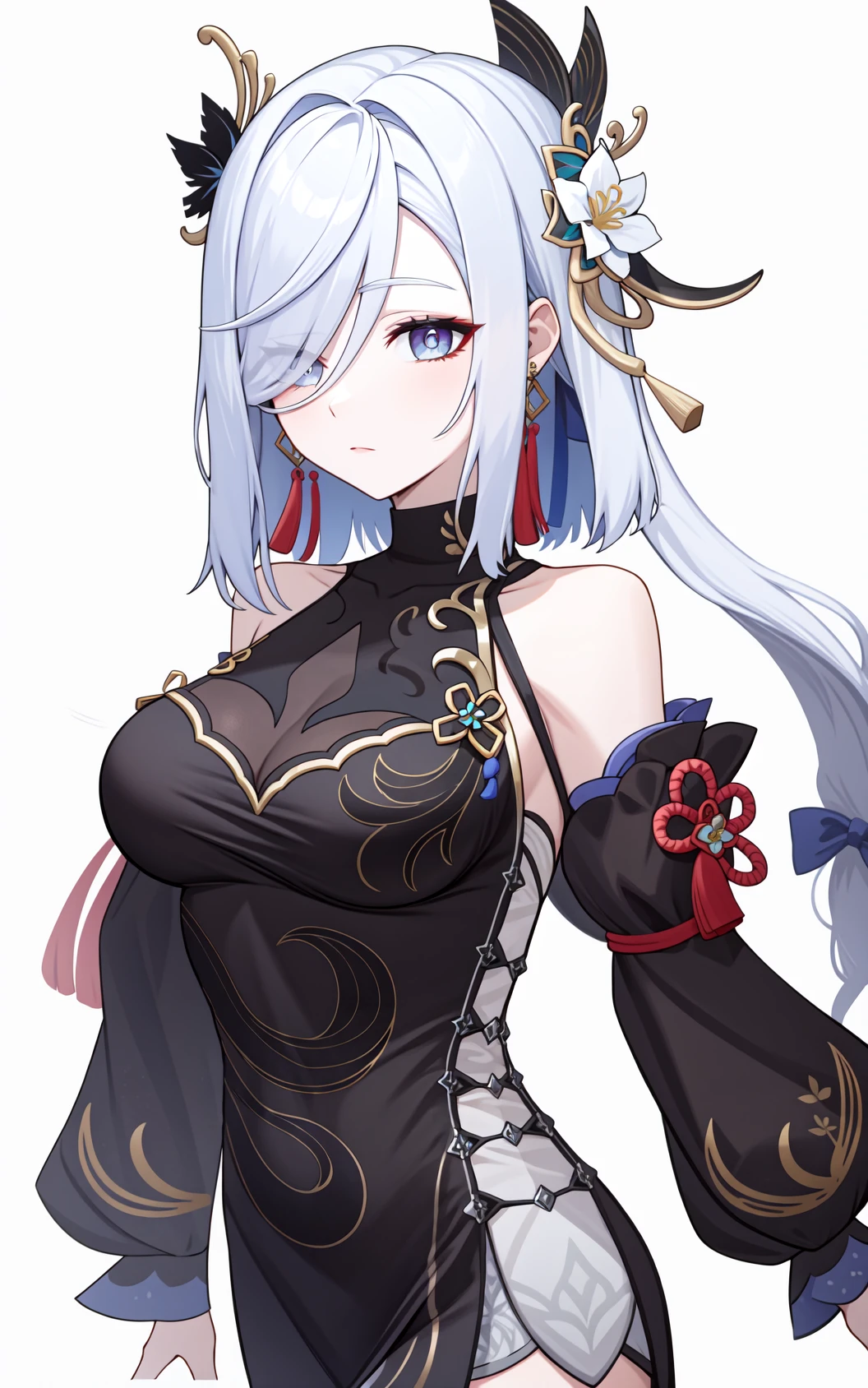 <lora:ç³é¹¤æ°ç®è¤-000010:1:lbw=char>,shenhe,shenhe \(genshin impact\),hair ornament,bangs,blue eyes,bare shoulders,large breasts,hair over one eye,detached sleeves,dress,black dress,tassel,white hair,chinese clothes,jewelry,earrings,flower,, 1girl,
, (masterpiece,best quality:1.2),absurdres