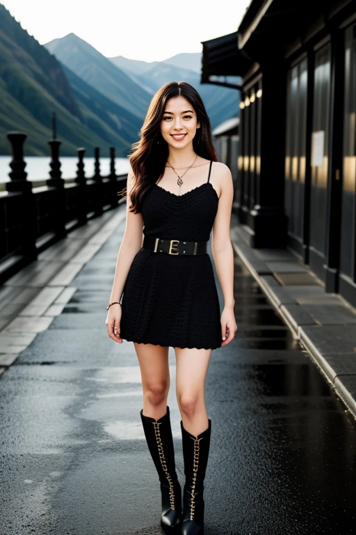 ((Masterpiece, best quality, cinematic lighting, 8k, full body shot, long hair)), (smile:0.85), (realistic scenic background)
black  short dress, belt, boots, crochet
<lora:Crochet_Summer_Dress_By_Stable_Yogi:1>