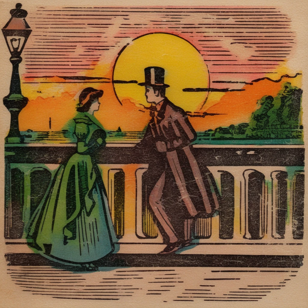 manucolgraf lovers girl and man on the bridge at sunset <lora:manucolgraf:0.7>