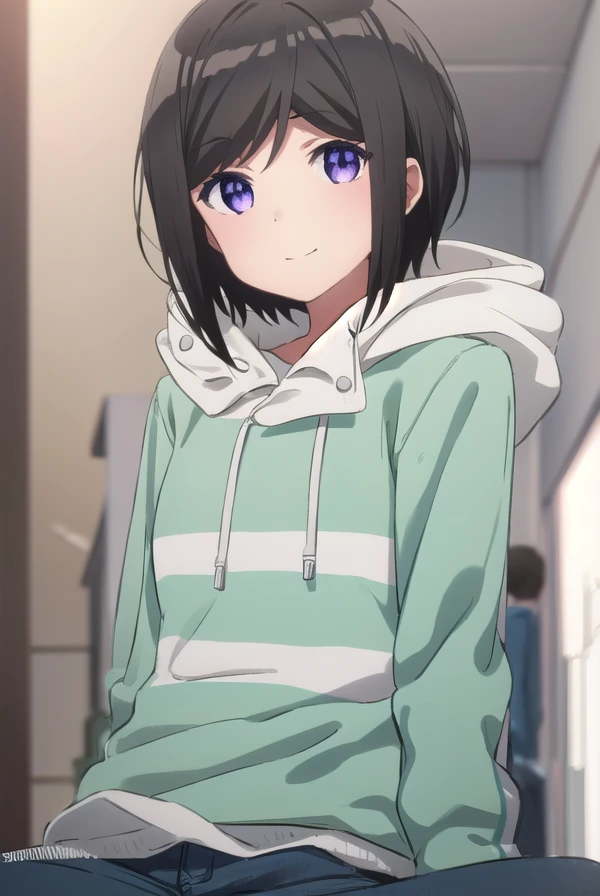 chihirohashima, <lora:chihiro hashima s1-lora-nochekaiser:1>,
chihiro hashima, short hair, black hair, (purple eyes:1.1), smile,
BREAK jacket, pants, hood, hoodie, denim, jeans,
BREAK indoors,
BREAK looking at viewer, (cowboy shot:1.5),
BREAK <lyco:GoodHands-beta2:1>, (masterpiece:1.2), best quality, high resolution, unity 8k wallpaper, (illustration:0.8), (beautiful detailed eyes:1.6), extremely detailed face, perfect lighting, extremely detailed CG, (perfect hands, perfect anatomy),