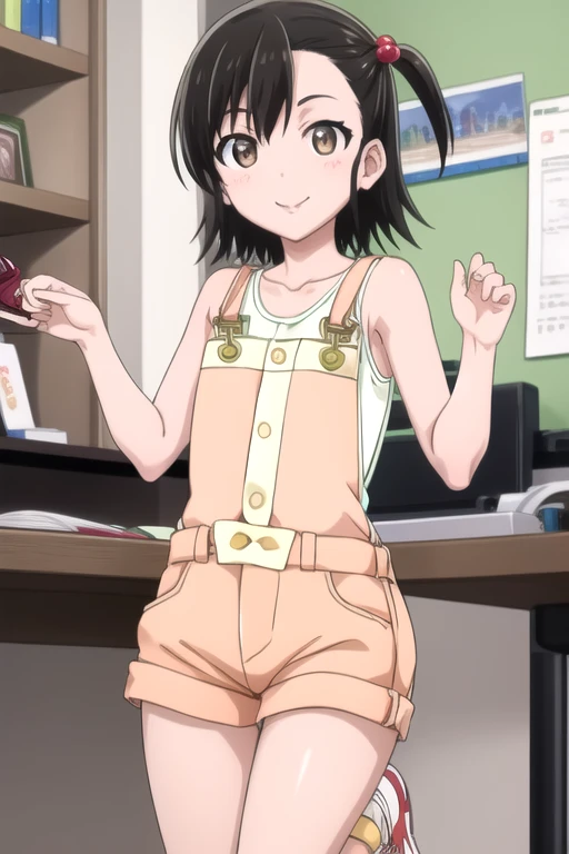 ((masterpiece)),(best quality),official art,extremely detailed CG,unity 8k wallpaper,ultra detailed,beautiful detailed eyes,extremely detailed face,office,1girl,solo,cowboy shot,looking at viewer,facing viewer,smile,short_hair,black_hair,side_ponytail,one_side_up,hair_bobbles,hair_ornament,side swept bangs,brown_eyes,collarbone,light_green_vest,flat_chest,orange_overalls,sneakers,red footwear,<lora:Ashisu Sahono(mstast)>,