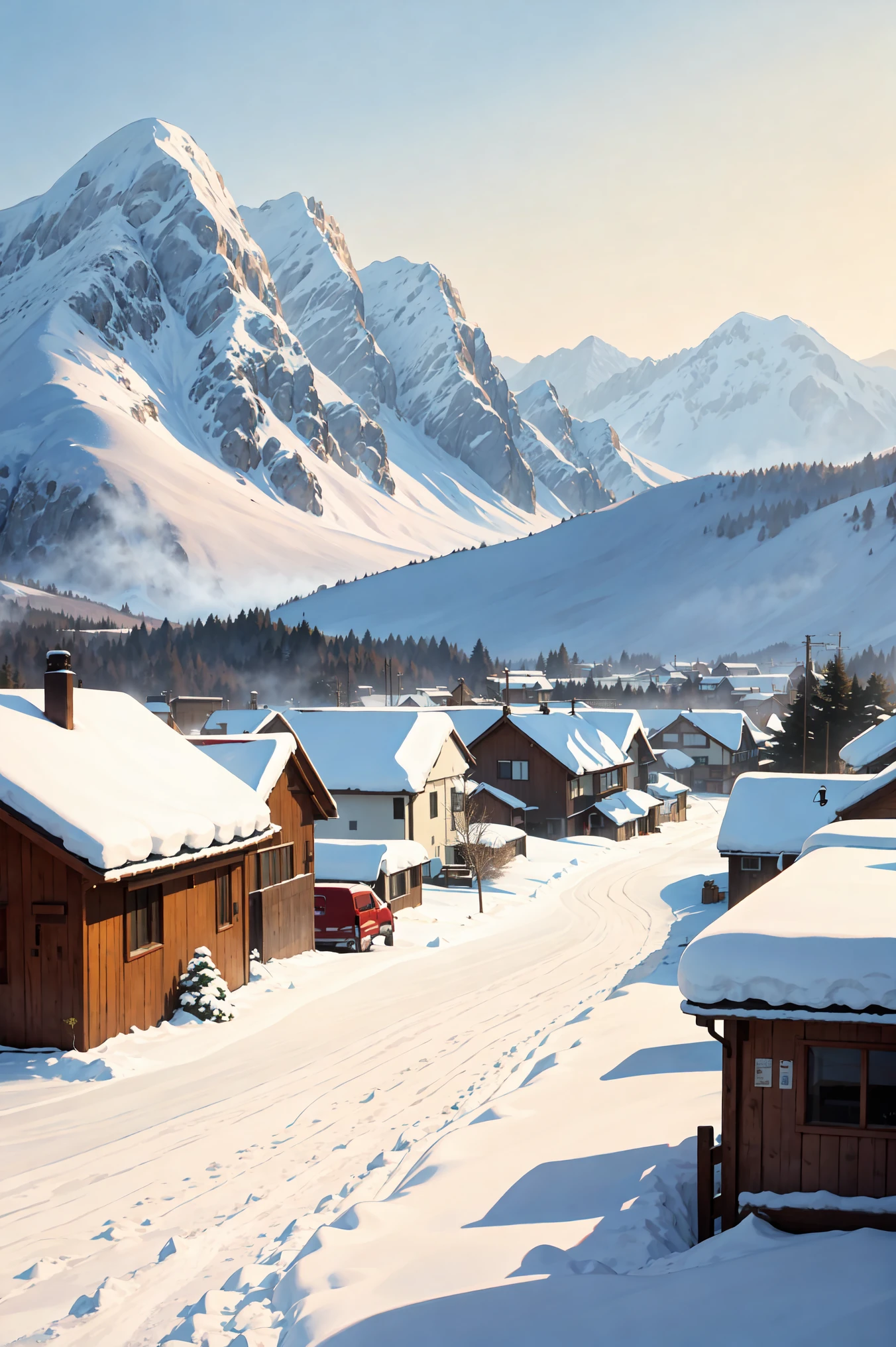 In winter, when it snows, small villages, towns, streets, and street corners in Asia are lined up neatly with colorful fruits, including power poles, fruit trees, bicycles, potted plants, fresh flowers, and roses. The composition is perfect, and the spring color is gorgeous. In the distance, there is golden yellow (wheat), and in the distance, there are foggy days, snowy mountains, and white snow. In the near distance, there is a large snowfield. In the distance, there are rural cottages, and the mountains are covered in heavy snow, creating a white snow scene,