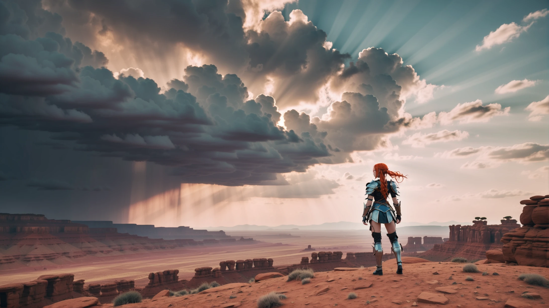 photograph, cinematic color grading, morning, blue sky, clouds, scenery, in a Ethereal Magnetic Anomalies1girl, woman, fierce desert celtic warrior, toned, armor, (warpaint:1.4), subsurface scattering bright color:firebrick hair, hime cut, legs over head, bombshell hair, cosmic light color:darkorange hair, Lemonade Braids, thick thighs, narrow waist, japanese<lora:EnvyPanoramaXL01:2.0>