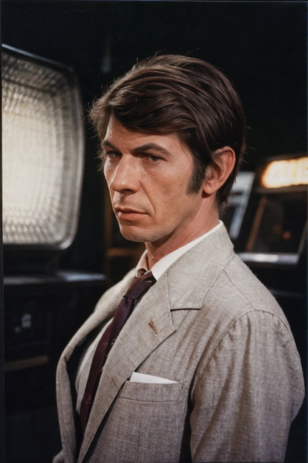 analog film photo solo, tstyle, realistic, ((vintage photo)), (((man:1.5), (male:1.5), person, 1boy, caucasian man)), (((sad,tears):1.2)), (((brown gentleman suit:1.3))), ((retro arcade on an asteroid)), ((dynamic poses)), high detailed, (cinematic shot:1.3), PA7_Human-Likeness, (PA7_Photo-BW:1.2), 8k, clear facial features, pastel themed colorgrade, in style of Greg Kadel, <lora:PAseer-SD15-LCM Quick:1> <lora:picxer_real:.5> <lora:ReaLora:.2> skin <lora:TStyle_-_Photography_Style:.4> <lora:[US]_-_Leonard_Nimoy:1> leonardnimoy . faded film, desaturated, 35mm photo, grainy, vignette, vintage, Kodachrome, Lomography, stained, highly detailed, found footage