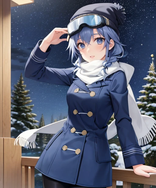 (adult woman), (1girl, solo), (looking at viewer), (ski goggles, goggles on head), (ski cap, ski coat, scarf), (blue hair, braid), (grey eyes), ((trees, slope)), (night, stars), (best quality, high detail), ((masterpiece)), <lora:1_dpminase_20e:1>