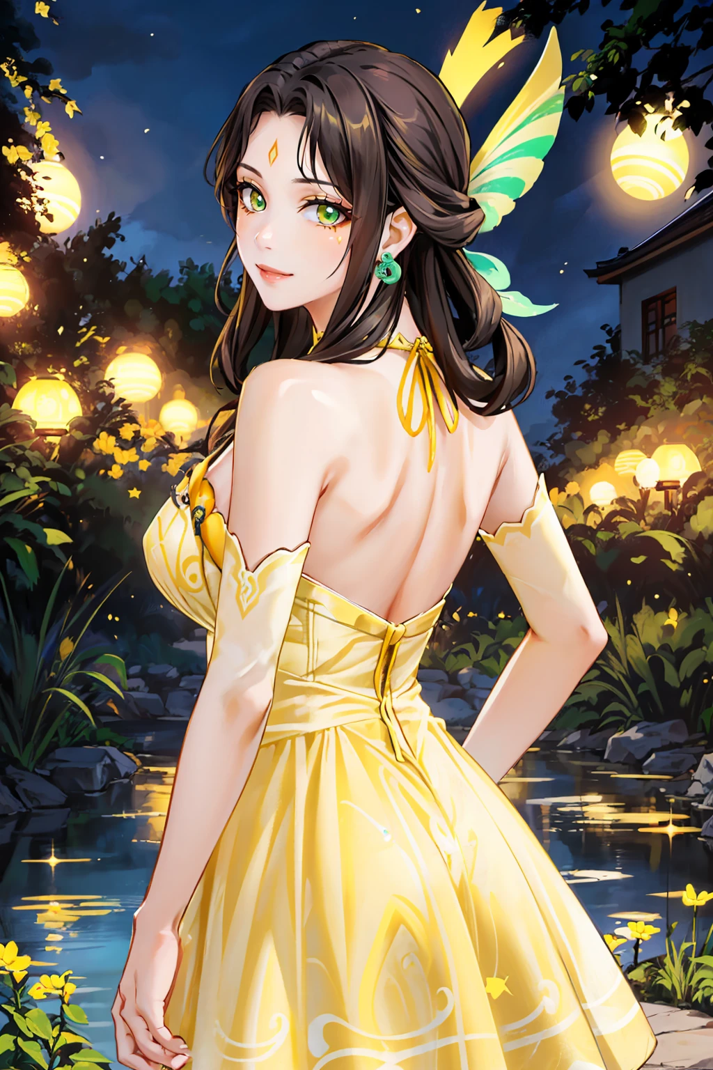 masterpiece, best quality, <lora:genshinfujin-nvwls-v1:0.8> fujin, hair ornament, long hair, hair rings, earrings, forehead mark, large breasts, (yellow sundress:1.5), bare shoulders, upper body, from behind, garden, smile <lora:edgChamYellowSundress:1> edgYSD,woman wearing a yellow sundress