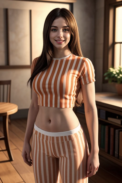 ((Masterpiece, best quality, cinematic lighting, 8k, full body shot, long hair)), (smile:0.85), (realistic background)
<lora:Striped_Pjs_By_Stable_Yogi:1> orange striped pants, striped shirt
