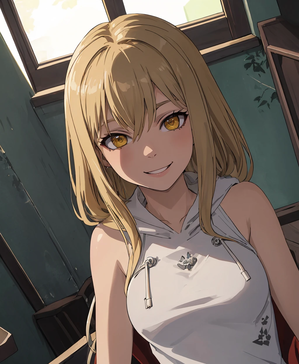 (masterpiece: 1.1), (best quality: 1.1), (absurdres: 1.1), (detailed: 1.1), (ultra-detailed: 1.3), 1girl, yellow eyes, smile, evil smile, shaded face, blonde hair, bare shoulders, jewelry, sleeveless, hood, bracelet, hoodie, short hair with long locks, sidelocks, dutch angle, solo, cloud, <lora:bleach-eater-09:0.8>