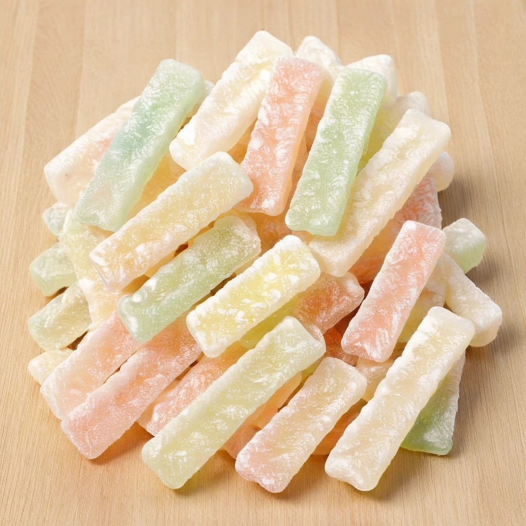 <lora:dongaw2:0.7>, Stacked stripe gummy candies in a realistic style, showcasing a vibrant array of colors. Each candy is depicted with a glossy, translucent texture, emphasizing the chewy nature of the gummies. The candies are neatly arranged in a pile, with the light reflecting off their sugary coating to highlight the intricate details and the subtle variations in hue and thickness of each individual piece