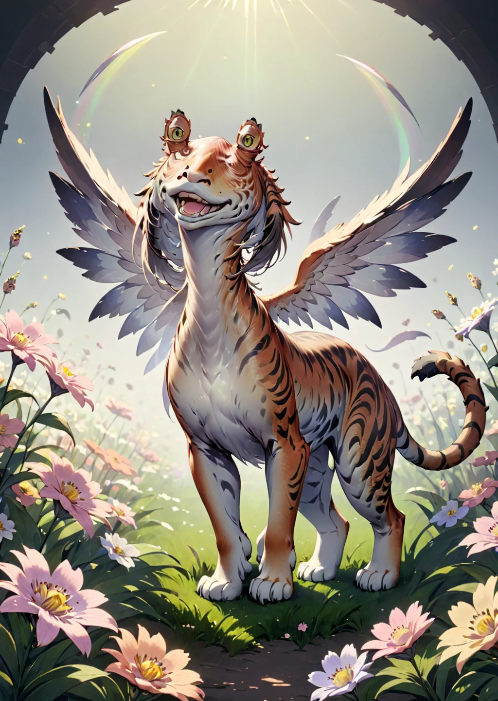 masterpiece, best quality, jjbinx:1.5 <lora:JarJarXL2-000026:1.5>, tiger:1.3, soft light, Hair wings, tangible, field of flowers,