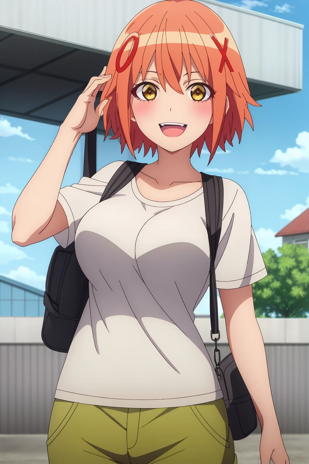 ((best quality)),((highly detailed)),masterpiece,absurdres,detailed face,beautiful face,(detailed eyes, deep eyes),1girl,((dynamic pose)) , <lora:IzumiV1:0.7>Izumi, orange hair, yellow eyes, smile, bag, open mouth, short hair, outdoors, shirt, looking at viewer, breasts, long sleeves, solo, tree, :d, solo focus, large breasts, shorts, blurry, day, sky, blush, hand up, short sleeves, cloud, bangs, hair between eyes, building, pants, cowboy shot, blurry background, house