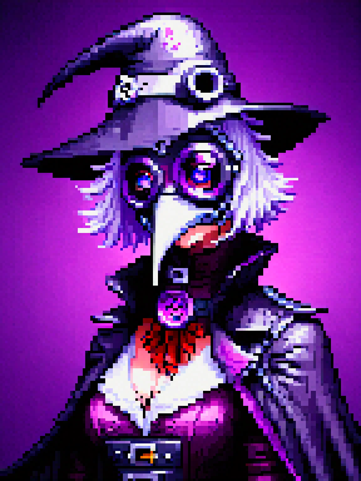 cia, yamer_pixel_fusion, breasts, dark skin, purple eyes, short hair, white hair, dark-skinned female, hair ornament, (plague doctor mask:1.15), masterpiece, best quality, extremely detailed, highly quality, 4k, sharp focus, professional, sharp focus, award winning, cinematic lighting, octane render, unreal engine, volumetrics dtx, Wallpaper, <lora:Pixel_Fusion_LORA:1>
