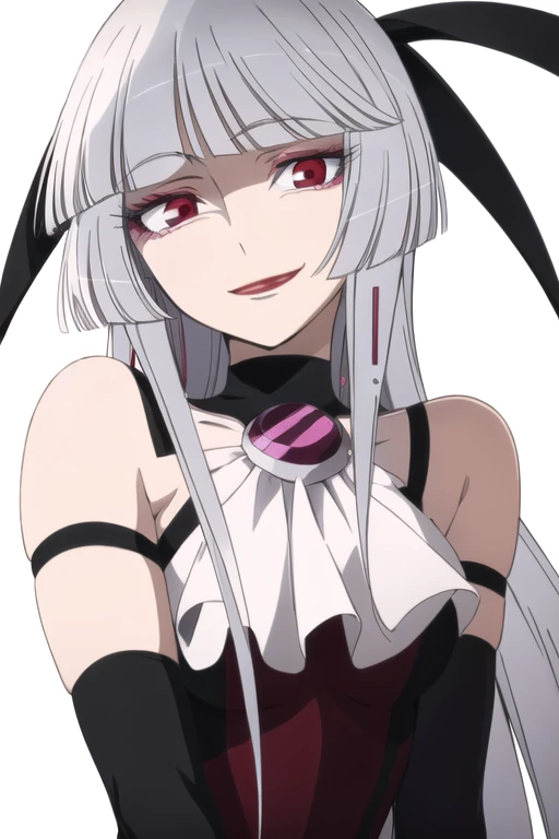 solo, 1girl, looking at viewer, sketch, flat colors, 2D, anime, anime coloring, upper body, (solid white background:1.3), <lora:ladykoto-kyousougiga:0.75>, lady koto, elbow gloves, bare shoulders, looking at viewer, smirk