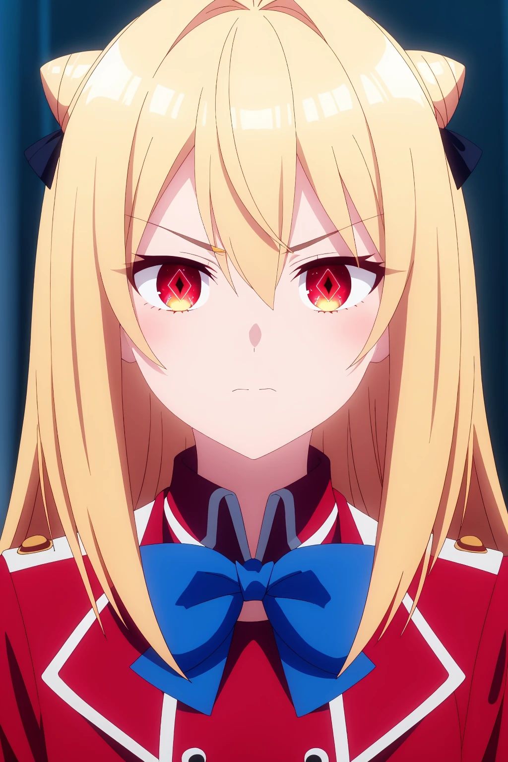 ((best quality)),((highly detailed)),masterpiece,absurdres,detailed face,beautiful face,(detailed eyes, deep eyes),1girl,((dynamic pose)) , <lora:TerakomariV1:0.7>Terakomari, solo, red eyes, glowing, bow, closed mouth, glowing eyes, bangs, long hair, portrait, hair between eyes, simple background, hair bun, blue bow, blonde hair, blue background, white hair, hair bow, bowtie, hair intakes, close-up, ribbon, jacket, v-shaped eyebrows, hair ribbon, looking at viewer, blurry, frown, blue bowtie, shirt, upper body, double bun