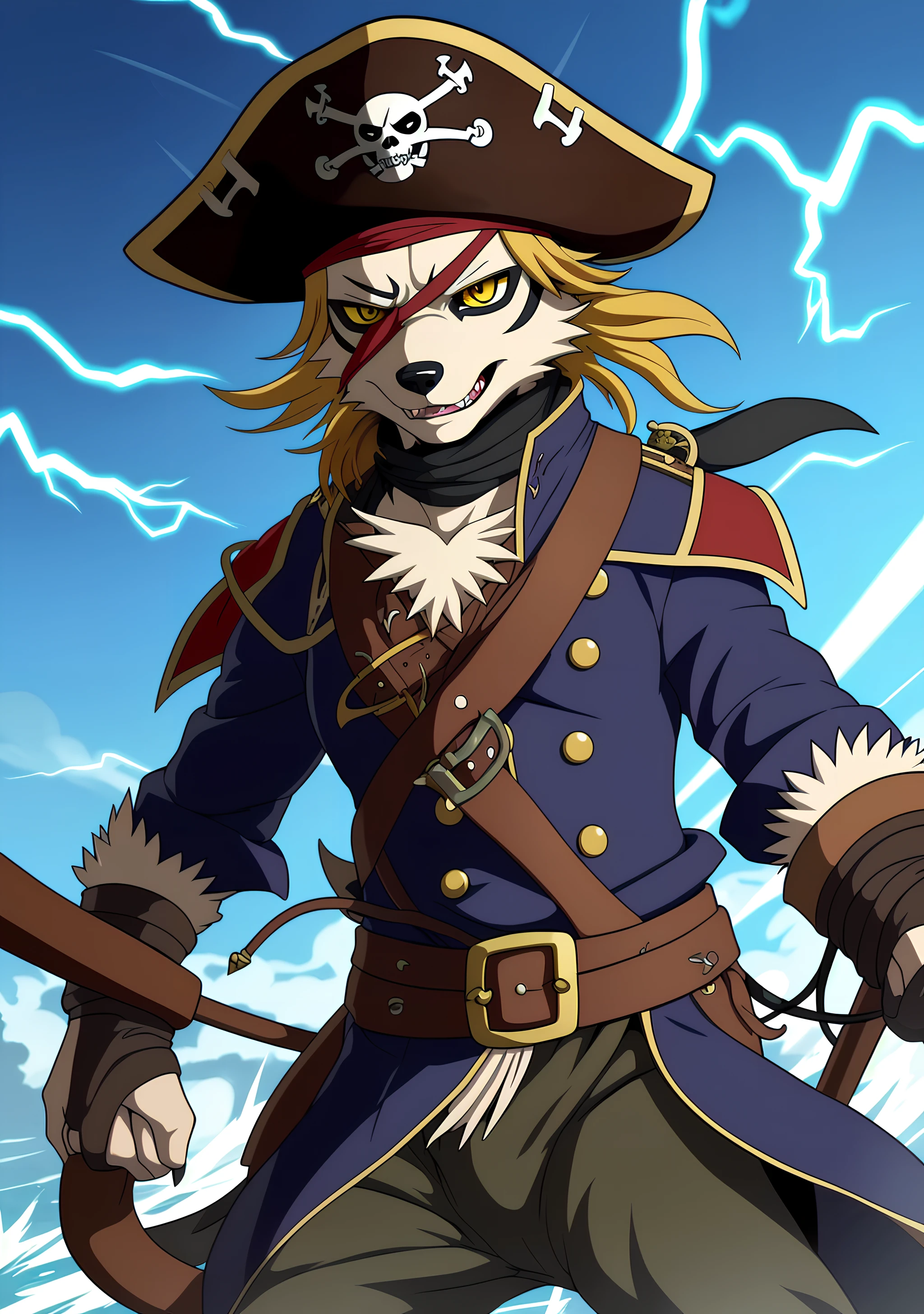 Craft an adventurous anime-style portrait of a Wolf Fursonas adorned in pirate attire, featuring dynamic linework, swashbuckling accessories, and a bold expression, drawn with energy and flair by the renowned anime artist PirateFur