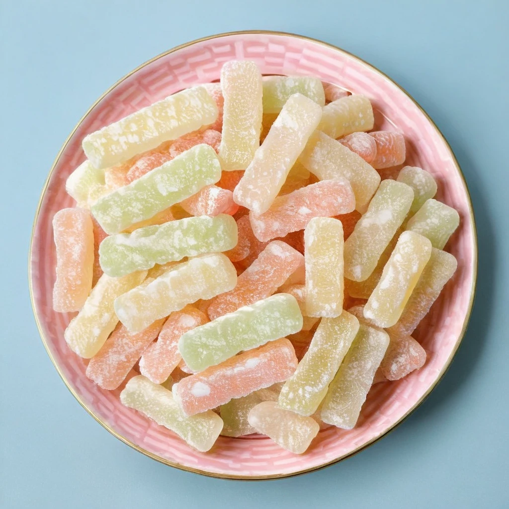 <lora:dongaw2:0.7>, An array of stacked, stripe-patterned gummy candies meticulously arranged in a dish, captured in a realistic style. Each candy showcases vibrant, translucent colors with a glossy, gelatinous texture, reflecting light and creating soft shadows on the dish beneath them. The candies are depicted with intricate details, emphasizing their chewy consistency and sugary coating, set against a neutral background to enhance their colorful appearance