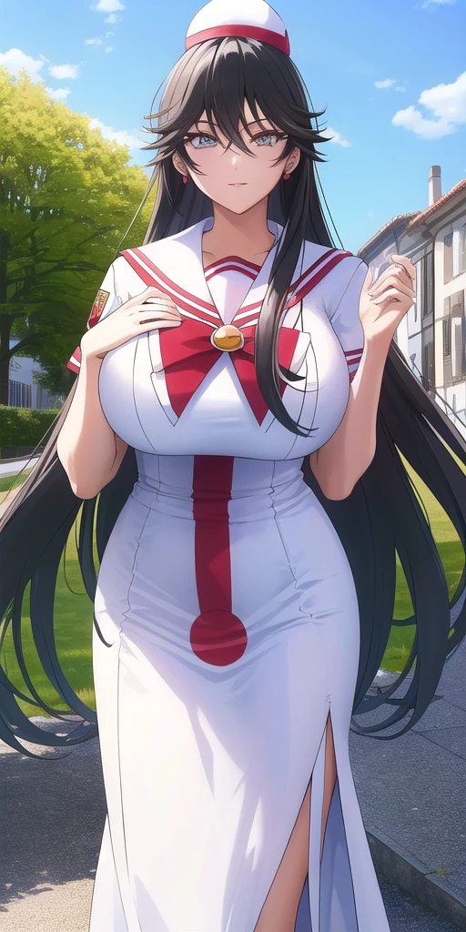 <lora:AkiraFerrariV4:0.7> akira_ferrari, huge_breasts, standing, solo, Summer_Himeya_company_uniform_White_long_dress_White_crop_top_Red_bowtie_Short_sleeves_Side_slit, White_beret_Himeya_company_uniform, masterpiece, best quality, detailed face, detailed eyes, highres,