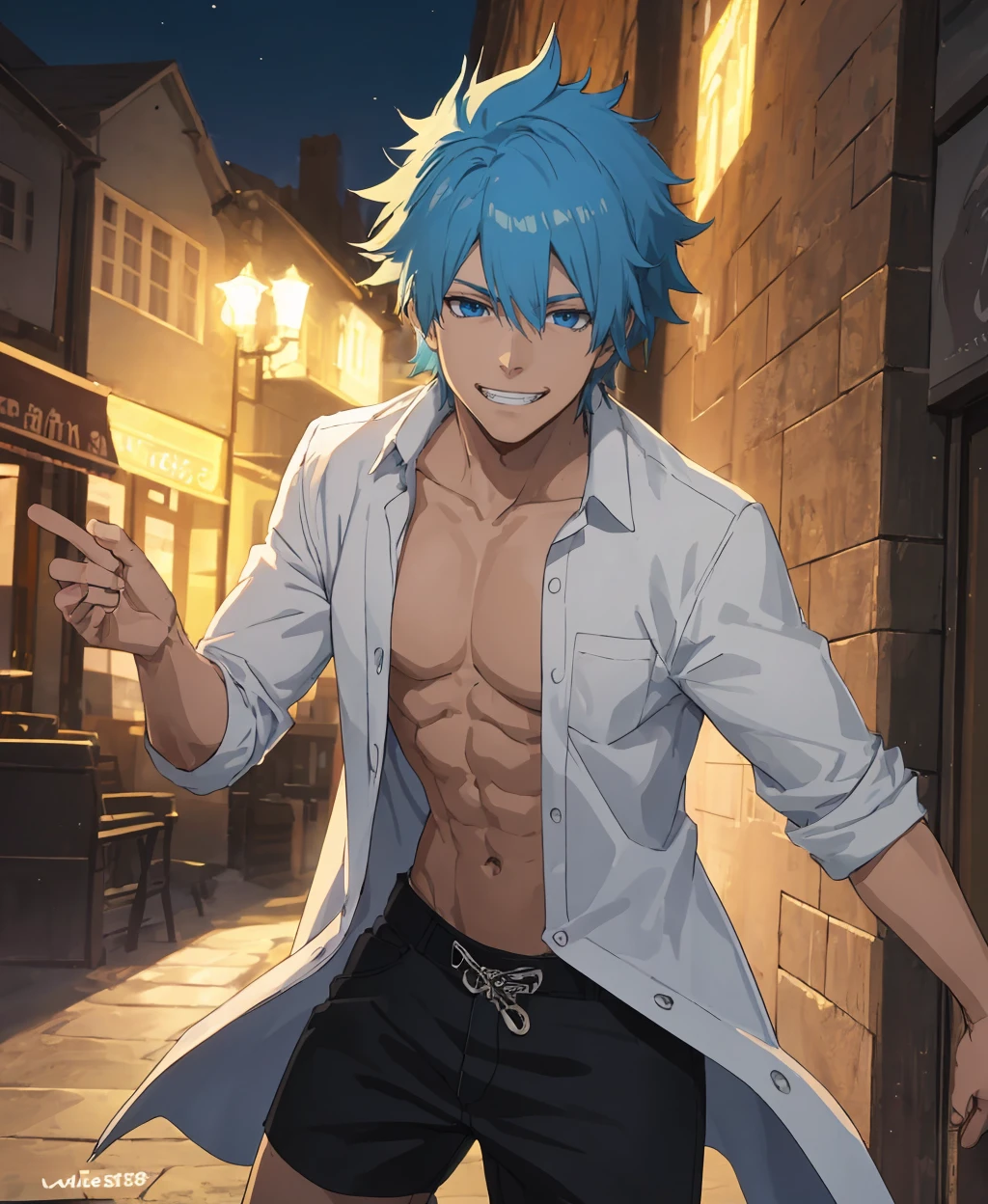 (masterpiece: 1.1), (best quality: 1.1), (absurdres: 1.1), (detailed: 1.1), (ultra-detailed: 1.3), 1boy, male focus, smile, grin, blue eyes, blue hair, open clothes, open shirt, night, sky, solo, <lora:bleach-eater-09:0.8>