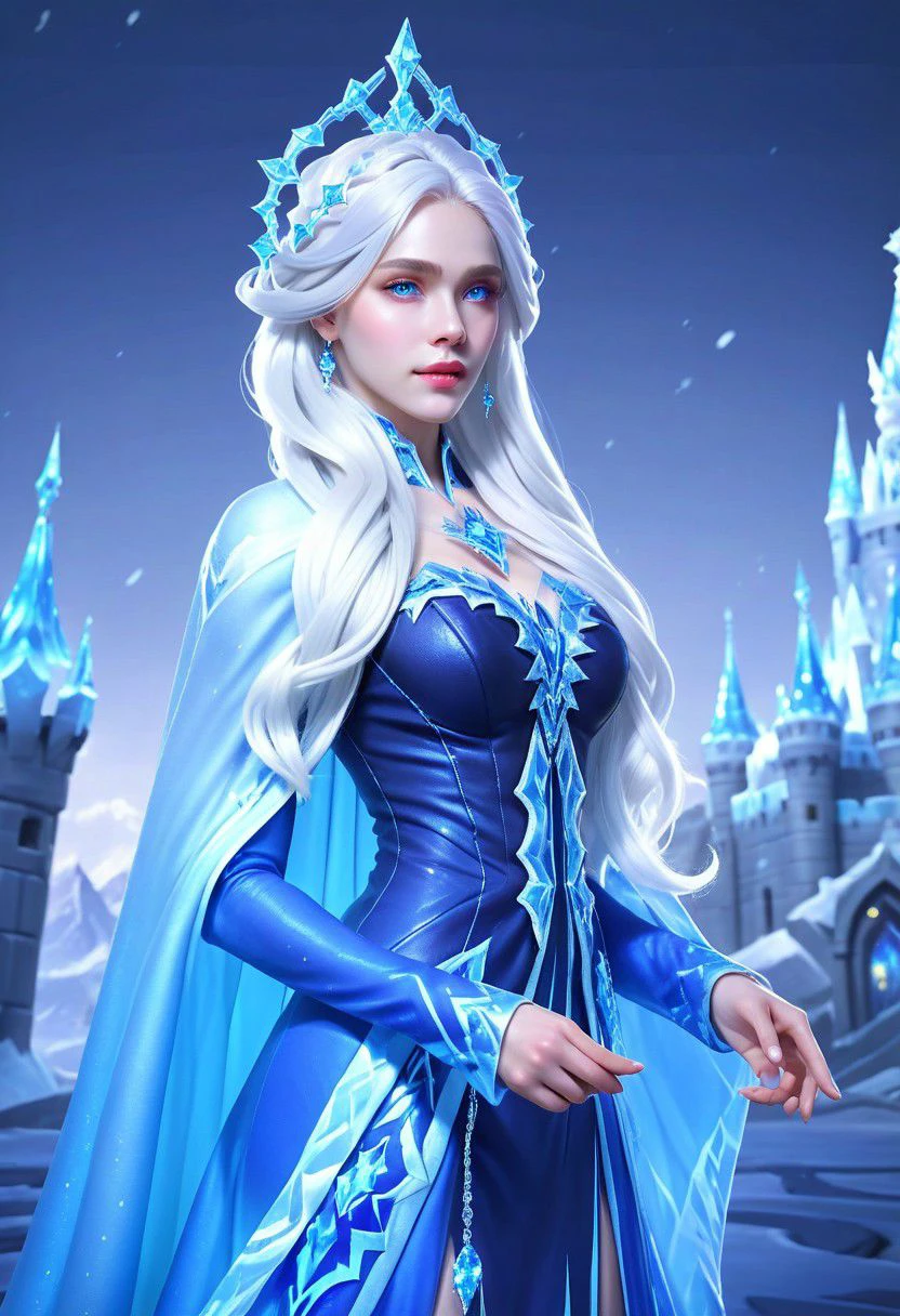 Hyper realistic portrait, Masterpiece, ultra Hd, trending on art station, cinematic lights, Aurora mobile legends( Long flowing white hair, blue eyes,  blue iced rhombus shaped ornaments cape, cropped side waist, iced ornaments, blue ice crown, blue iced high eels, ice castle as background, dynamic pose hand above,  chill, blue iced classy dress, detailed dress, detailed ice, detailed face, detailed eyes, detailed pupils, detailed fingers, detailed hair, detailed iced ornaments, OverallDetail, extremely detailed, Aurora mobile legends, SK_CINEMATIC, By bad artist