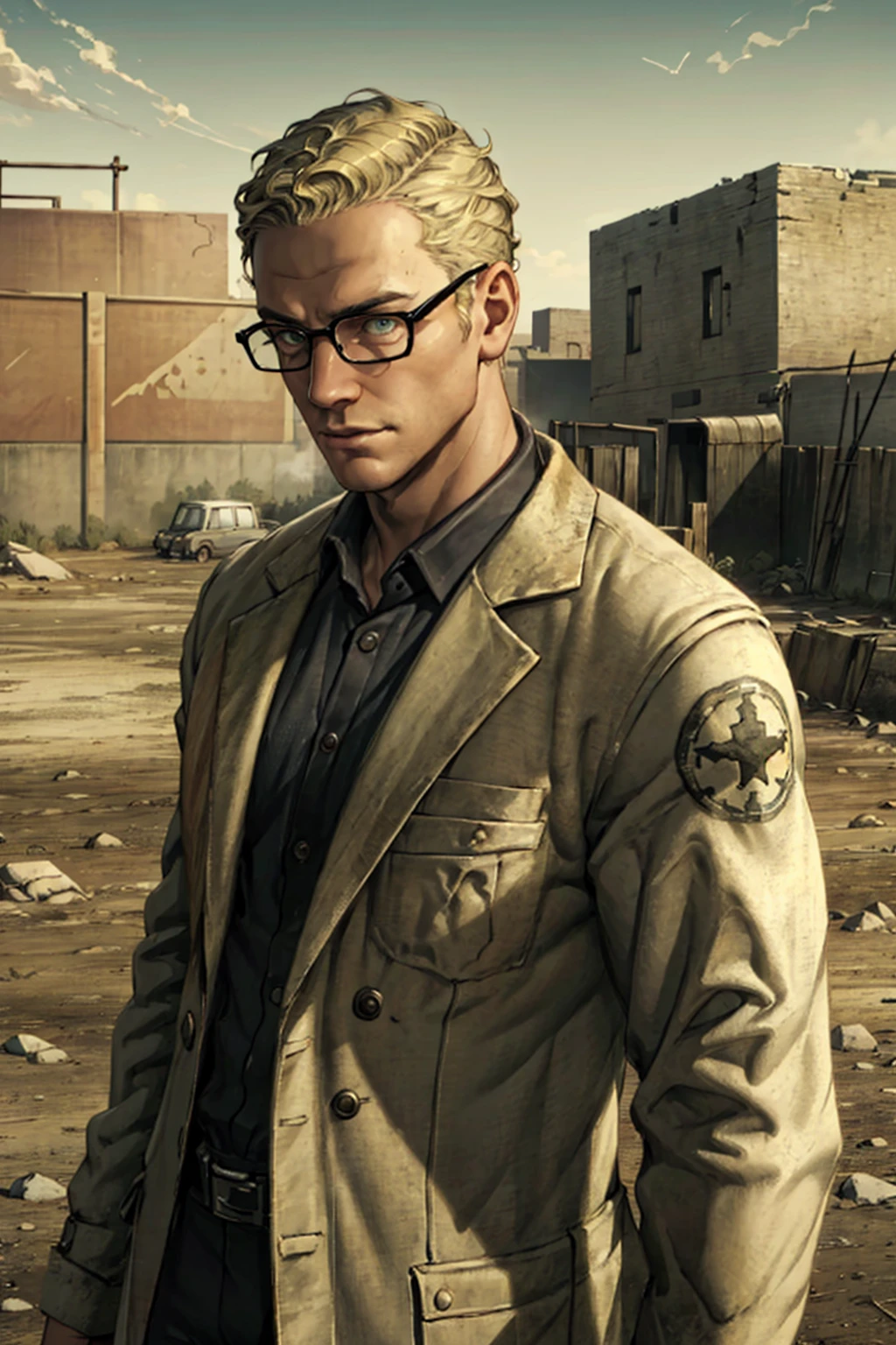 1boy,  solo,  Arcade Gannon,  Fallout: New Vegas,  doctor,  scientist,  35 years old,  tall,  blonde hair,  short hair,  green eyes,  wore glasses,  handsome,  grey collared shirt,  white lab coat,  military pants,  black combat boots,  perfect anatomy,  perfect proportions,  8k,  HD,  HQ,  (best quality:1.2,  masterpiece,  madly detailed photo),  detailed,  perfect face,  perfect eye pupil,  detailed eyes,  high_resolution,  perfecteyes,  (upper body in frame,  portrait),  handsome,  charming,  alluring,  sexy,  erotic,  Fallout: New Vegas location,  Mojave Wasteland,  post-apocalyptic ruins,  desolated landscape,  dark blue sky, (dutch angle),<lora:EMS-282021-EMS:0.500000>,<lora:EMS-498-EMS:0.200000>