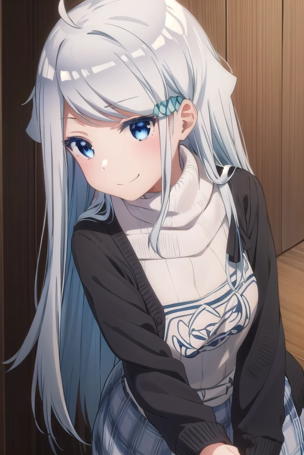 nayutakani, <lora:nayuta kani s1-lora-nochekaiser:1>,
nayuta kani, long hair, blue eyes, white hair, hair ornament, ahoge, scrunchie, hair scrunchie, blue scrunchie, smile, blush, smug,
BREAK sweater, long sleeves, ribbon, 
BREAK indoors,
BREAK looking at viewer, (cowboy shot:1.5),
BREAK <lyco:GoodHands-beta2:1>, (masterpiece:1.2), best quality, high resolution, unity 8k wallpaper, (illustration:0.8), (beautiful detailed eyes:1.6), extremely detailed face, perfect lighting, extremely detailed CG, (perfect hands, perfect anatomy),