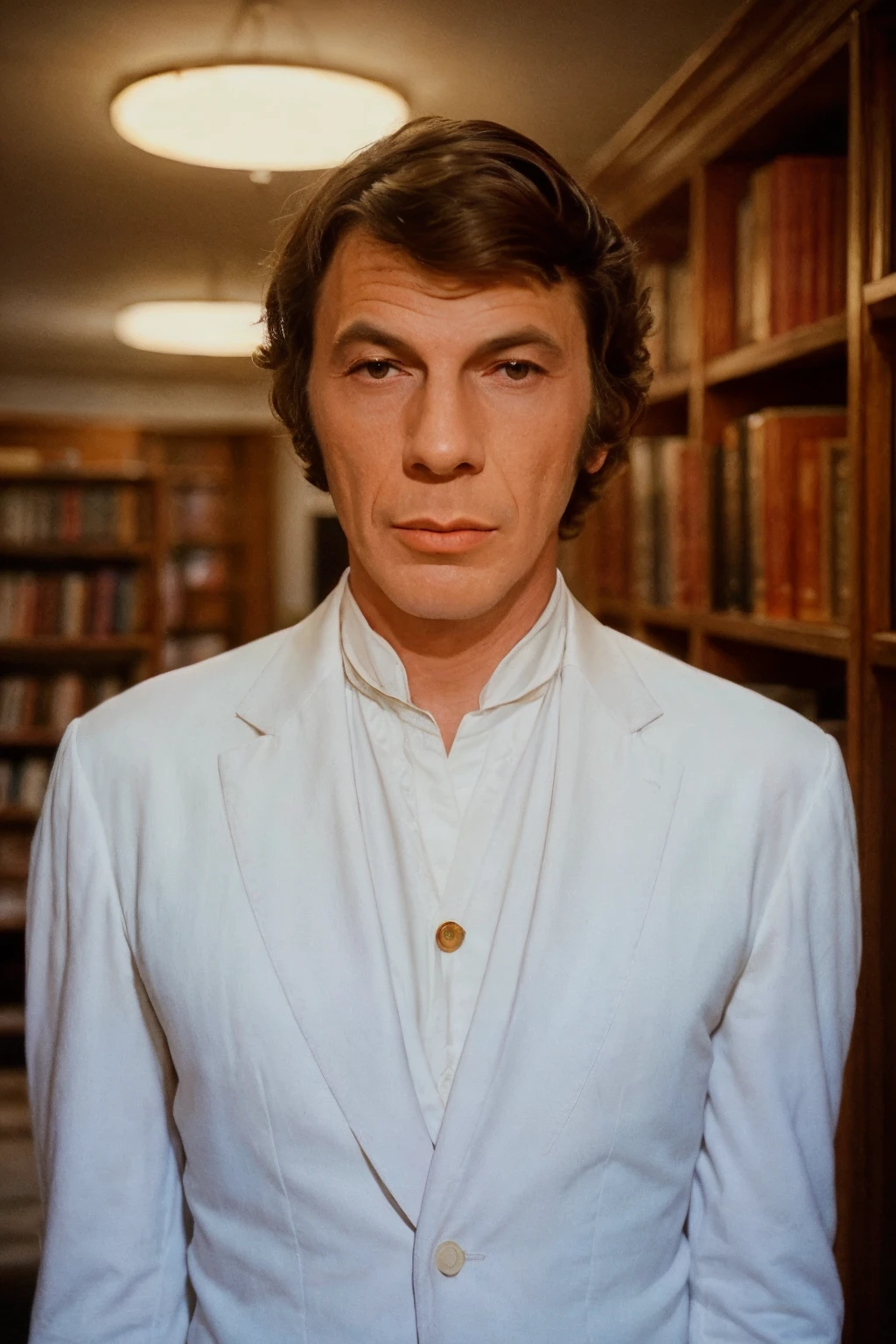 analog film photo solo, tstyle, realistic, ((vintage photo)), (((man:1.5), (male:1.5), person, 1boy, caucasian man)), (((kubrick stare):1.2)), (((white gentleman suit:1.3))), ((enchanted library in the clouds with floating books)), ((dynamic poses)), high detailed, (cinematic shot:1.3), PA7_Human-Likeness, (PA7_Photo-BW:1.2), 8k, clear facial features, pastel themed colorgrade, in style of Philip-Lorca diCorcia, <lora:PAseer-SD15-LCM Quick:1> <lora:picxer_real:.5> <lora:ReaLora:.2> skin <lora:TStyle_-_Photography_Style:.4> <lora:[US]_-_Leonard_Nimoy:1> leonardnimoy . faded film, desaturated, 35mm photo, grainy, vignette, vintage, Kodachrome, Lomography, stained, highly detailed, found footage