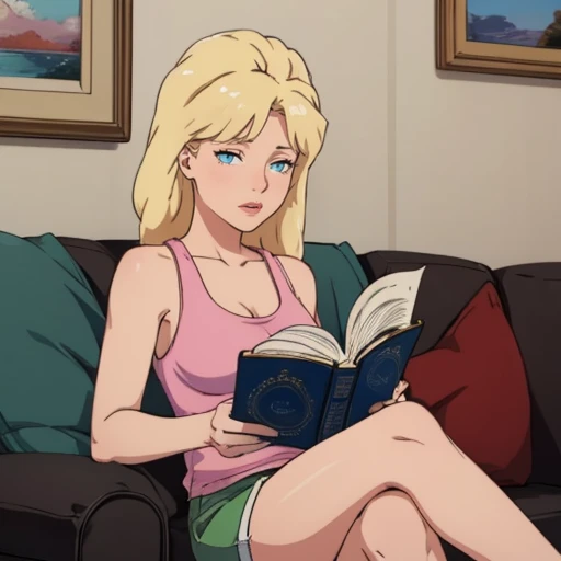 <lora:Luanne-JS:0.45> luanne platter, blue eyes, green tank top, pink shorts, shoulder hair, sitting on couch reading, medium breasts,