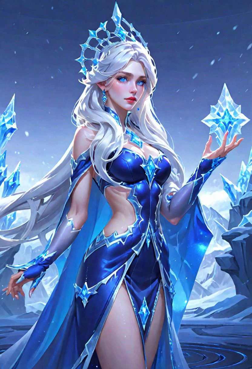 Hyper realistic portrait, Masterpiece, ultra Hd, trending on art station, cinematic lights, Aurora mobile legends( Long flowing white hair, blue eyes, blue iced rhombus shaped ornaments cape, cropped side waist, iced ornaments, blue ice crown, blue iced high eels, ice castle as background, dynamic pose hand above, chill, blue iced classy dress, detailed dress, detailed ice, detailed face, detailed eyes, detailed pupils, detailed fingers, detailed hair, detailed iced ornaments, OverallDetail, extremely detailed, Aurora mobile legends, SK_CINEMATIC, By bad artist