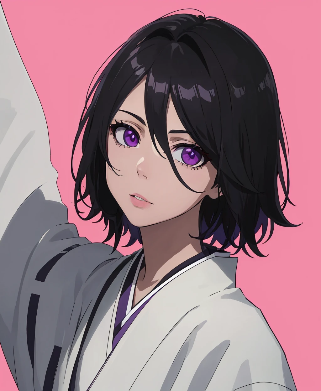 (masterpiece: 1.1), (best quality: 1.1), (absurdres: 1.1), (detailed: 1.1), (ultra-detailed: 1.3), 1girl, black hair, looking at viewer, short hair, hair between eyes, purple eyes, japanese clothes, pink background, simple background, solo, <lora:bleach-eater-09:0.8>