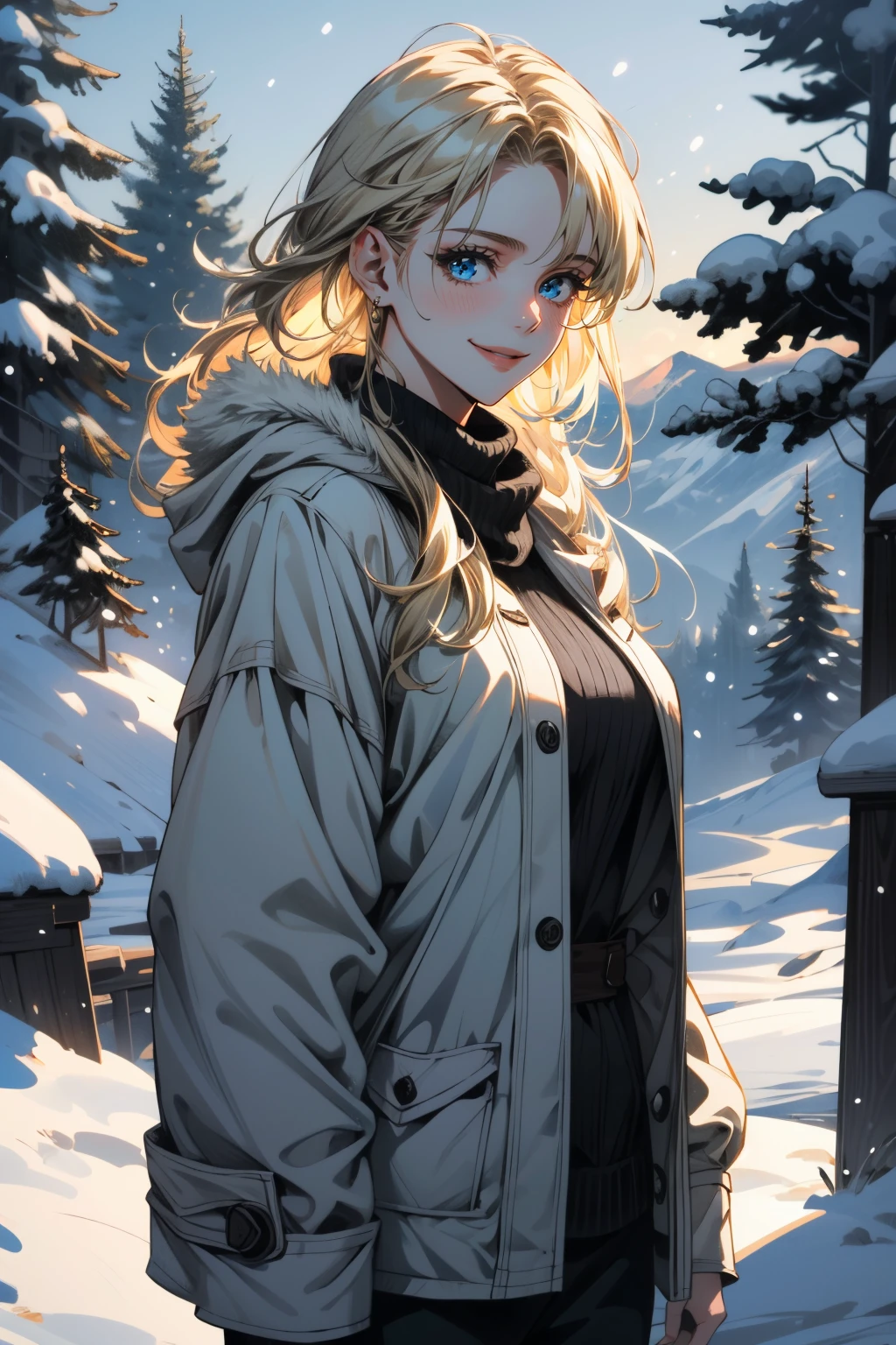 ((young man)), teenage boy, (((one person))), single, solo, ((slim body)), (((flat chest))), slender body, slim waist, ((pale skin)), (((light blonde hair))), ((pointy ears)), (((very poofy hair))), (((very fluffy hair))), (((wavy hair))), (((long hair))), ((full hair)), (((he has dark brown colored eyes))), (((dark brown colored eyes))), (((dark brown eyes))), cute face, ((fantasy style)), (((brown choker))), (smiling), big eyes, (((male))), guy, (((boy))), (((wearing fantasy style clothes))), (patterns on the clothes), magic, magical, (((brown colored clothes))), (((brown clothes))), embroidery on clothes, ((white colored crystal on the choker)), bare legs, snowy rocks in the background, ((standing in a snowy forest)), snowing, sunny weather, bare feet