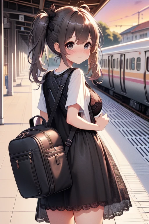 (((masterpiece))), (((best quality))), (((from behind))), ((train platform)), ((guitar case backpack)), light gray T-shirt, ((black lace long coat)), navigation sign, 1girl, smile, ribbon, brown twintails, collarbone, cleavage, (((huge tits))), sweat, shy. blush, ((narrow hips)), ((slim figure)), (((sunset))), <lora:girllikeplatform:1>