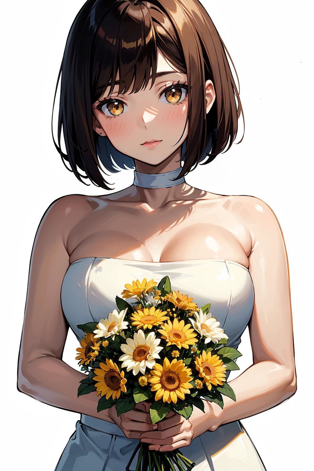brown hair, bob cut, perky medium breasts, pale color, brown theme, upper body, (bouquet:1.3)