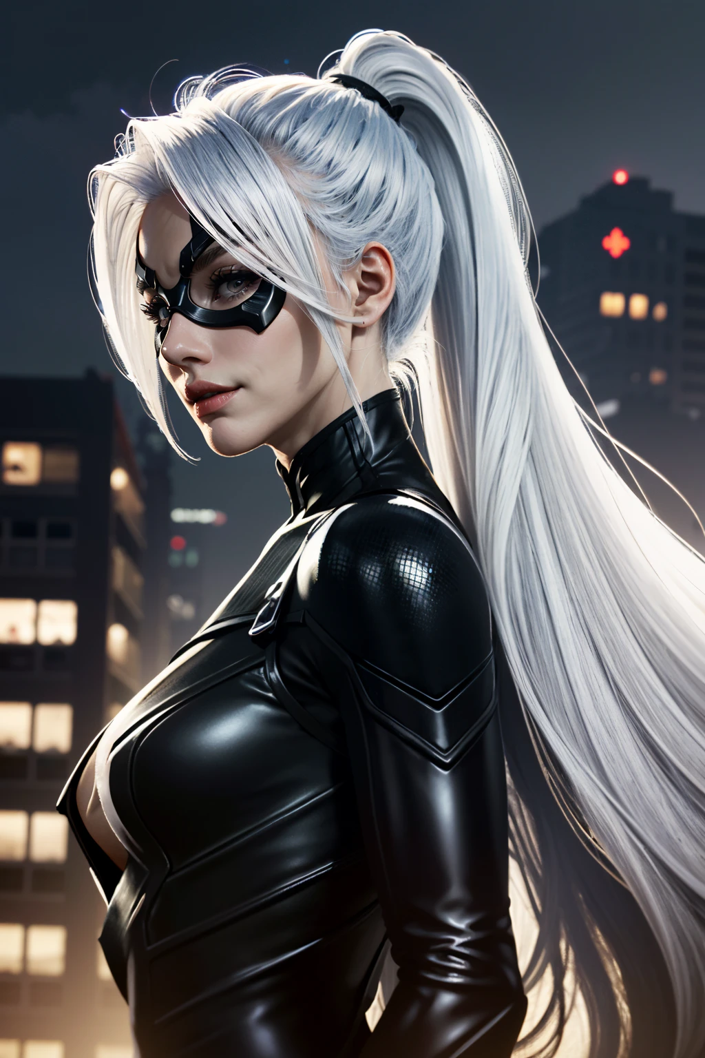 ((ultra detailed, masterpiece, absurdres))
SpiderBlackCat, Minka Kelly, mask, white hair, long hair, Side view with a playful expression
