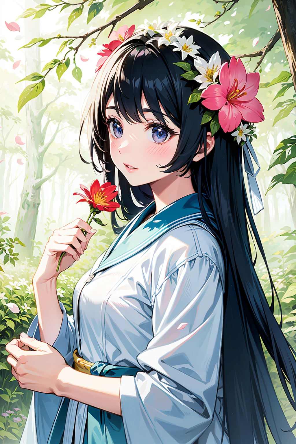 FLOWERS, forest, (with flower), (petals), (beautiful appearance), high image quality, beautiful