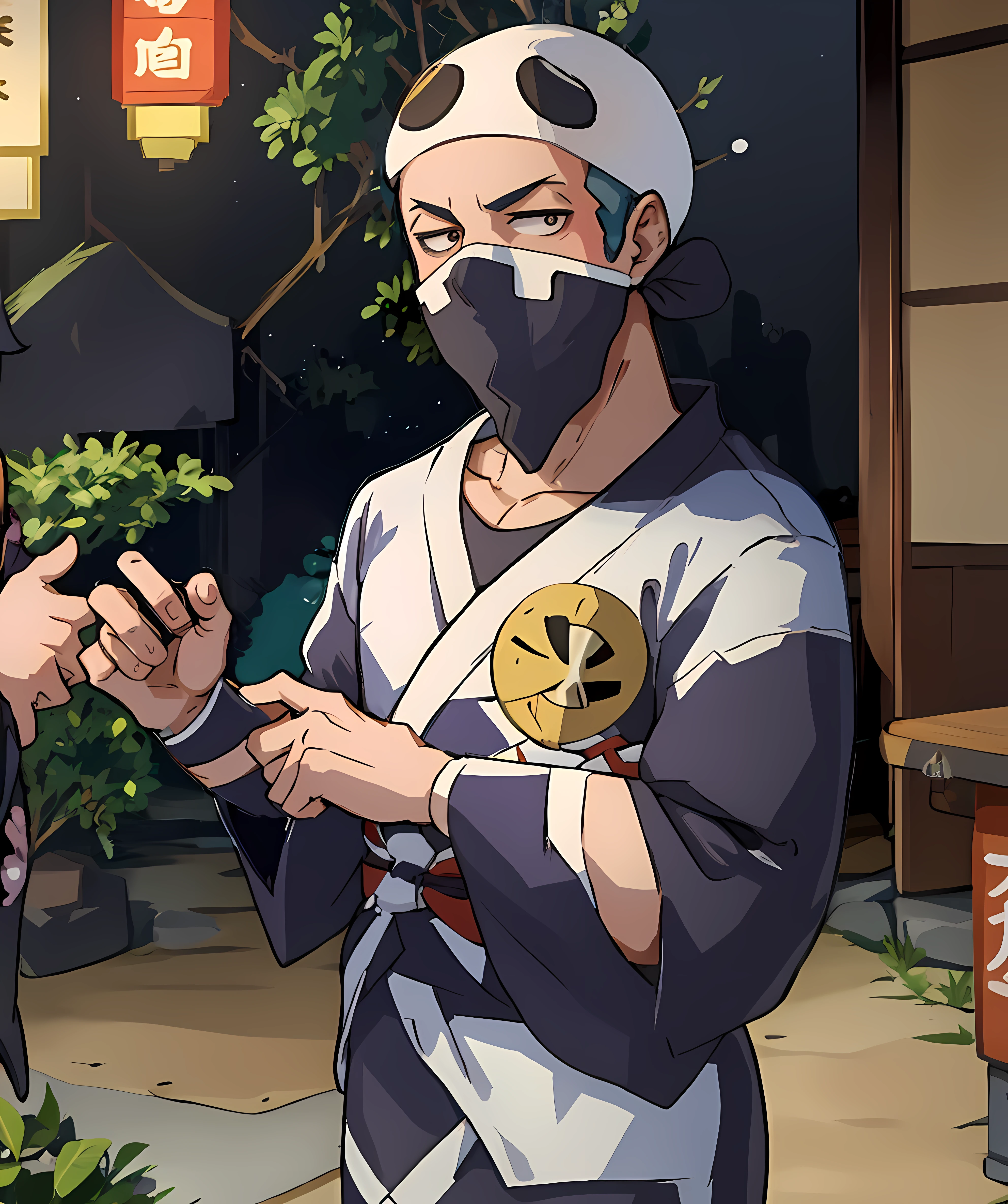 team_skull_grunt_male, looking at viewers, muscular, mask, (yukata:1.3), traditional japanese house <lora:Team_Skull_Grunt_Male:0.85>