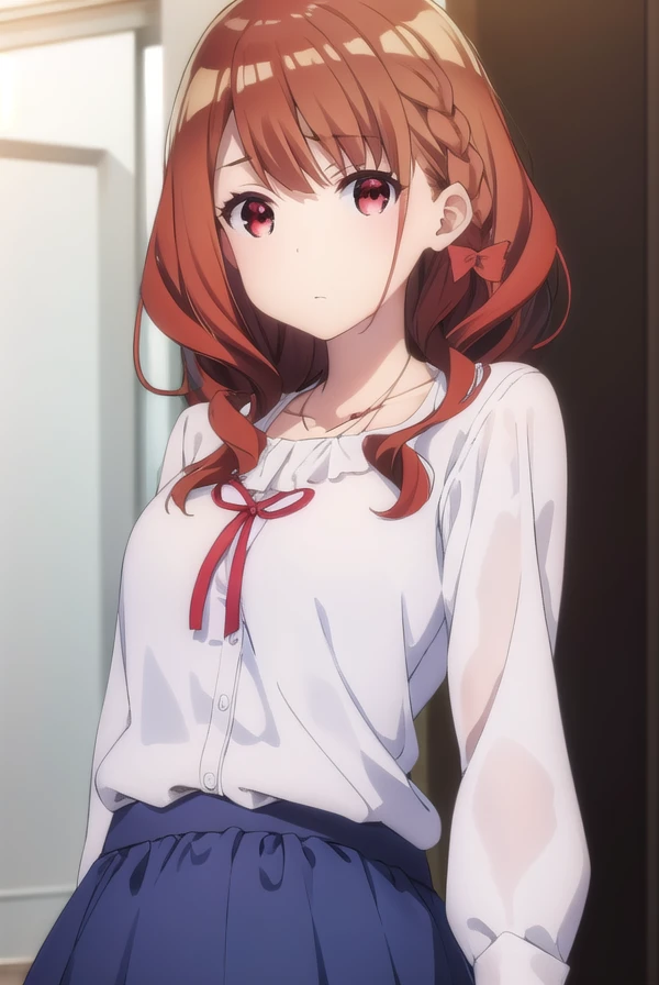 miyakoshirakawa, <lora:miyako shirakawa s1-lora-nochekaiser:1>,
miyako shirakawa, long hair, bow, brown hair, (red eyes:1.3), braid, hair bow, wavy hair,
BREAK skirt, shirt, long sleeves, jewelry, white shirt, frills, belt, necklace, blue skirt, frilled skirt, collarbone,
BREAK indoors,
BREAK looking at viewer, (cowboy shot:1.5),
BREAK <lyco:GoodHands-beta2:1>, (masterpiece:1.2), best quality, high resolution, unity 8k wallpaper, (illustration:0.8), (beautiful detailed eyes:1.6), extremely detailed face, perfect lighting, extremely detailed CG, (perfect hands, perfect anatomy),