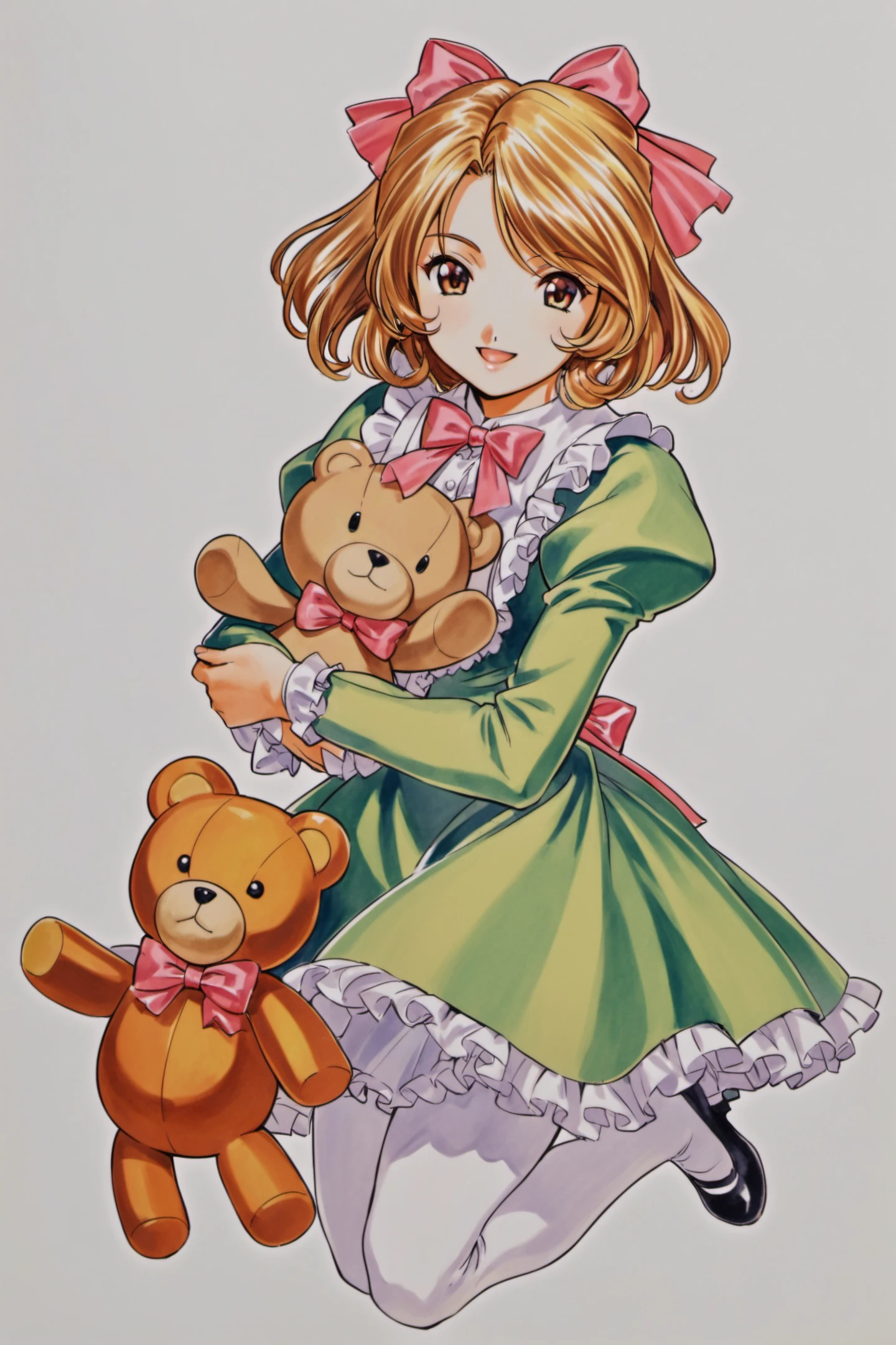 Iris Chateaubriand, 1girl, solo, blonde hair, bow, pantyhose, stuffed toy, stuffed animal, white background, white pantyhose, teddy bear, dress, hair bow, full body, mary janes, simple background, shoes, medium hair, pink bow, holding, apron, frills, open mouth, smile, long sleeves, looking at viewer, ribbon, juliet sleeves, green dress, wavy hair, mid cut, parted bangs, bangs, traditional media, <lora:Kosuke Fujishima_XL:0.8>