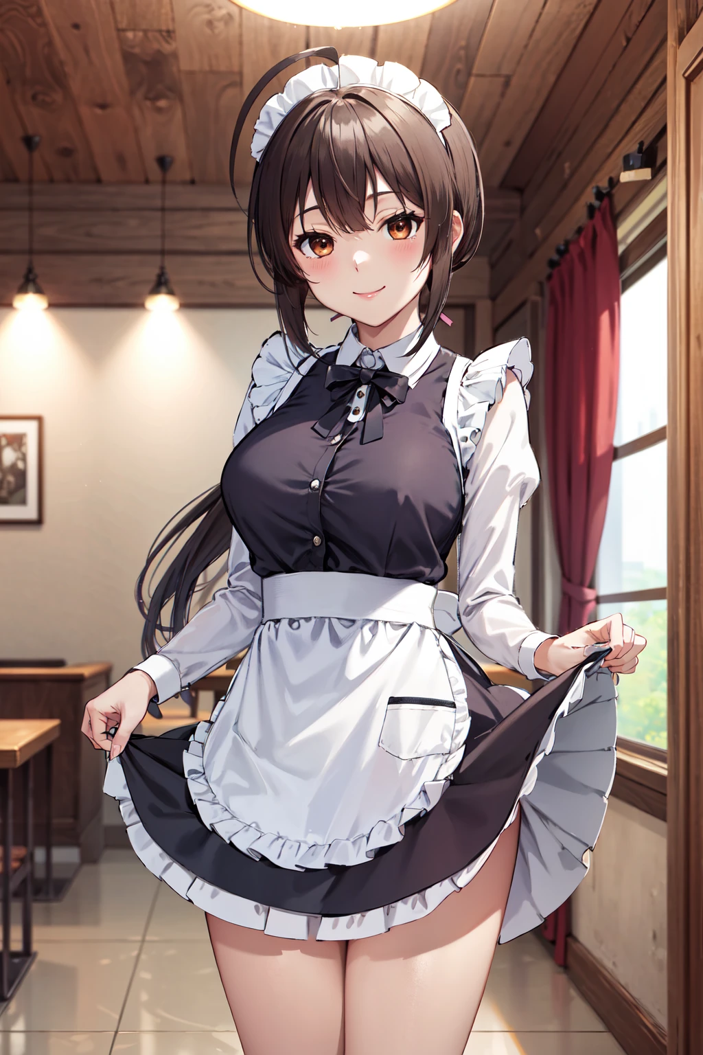 highest quality、masterpiece、((1 girl))、((smile))、(blush:1.3)、Black Shirt、blouse、((fun!!))、(Small breasts)、(single braid)、()、()、((White apron:1.5))、((Maid))、((hair ornaments)),、Kamimei、look at me、 ((in house:1.5))、 Taking a break from watching the audience、Cowboy Shot、(skirt lift:1.3),(Highly detailed white panties:1.3)、(Highly detailed panties:1.3)、、(スカート that rolls up:1.3)、(Panties fully exposed:1.5)、