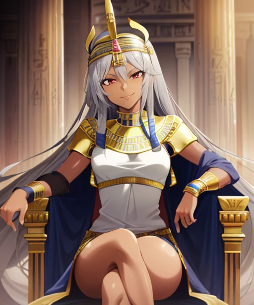 (adult woman), (1girl, solo), sitting on a throne, crossed legs, ((egyptian, pharaoh, dark skin)), (mischievous smirk, seductive smile), (silver hair), (red eyes), ((eqyptian temple)), ((best quality, high detail)), ((masterpiece)), <lora:1_kaiga_10e:1>