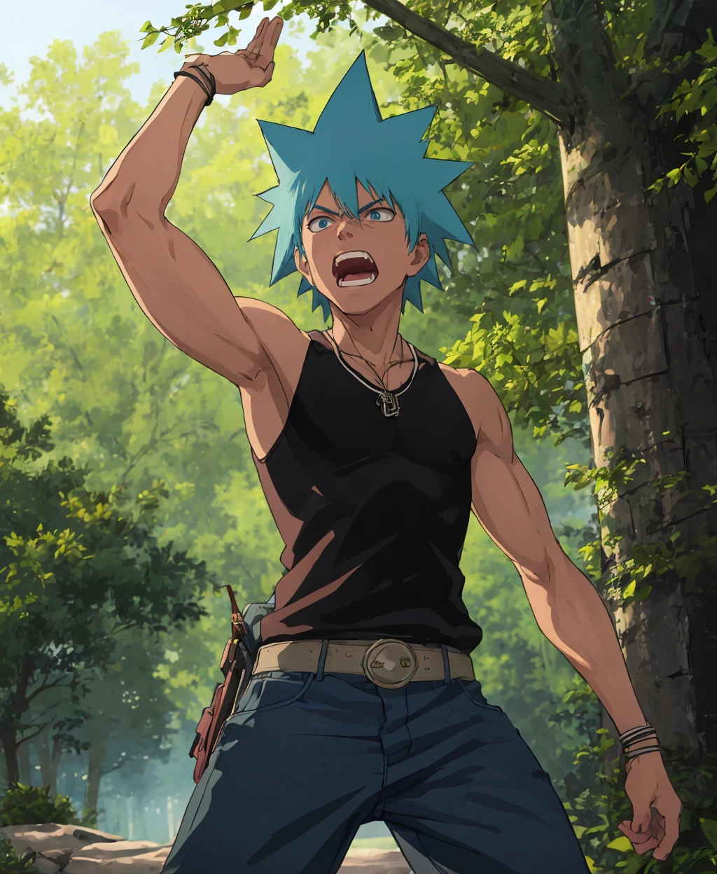(masterpiece: 1.1), (best quality: 1.1), (absurdres: 1.1), (detailed: 1.1), (ultra-detailed: 1.3), parody, 1boy, male focus, teeth, blue hair, open mouth, sleeveless, pants, cowboy shot, tree, nature, forest, outdoors, <lora:bleach-eater-09:1>