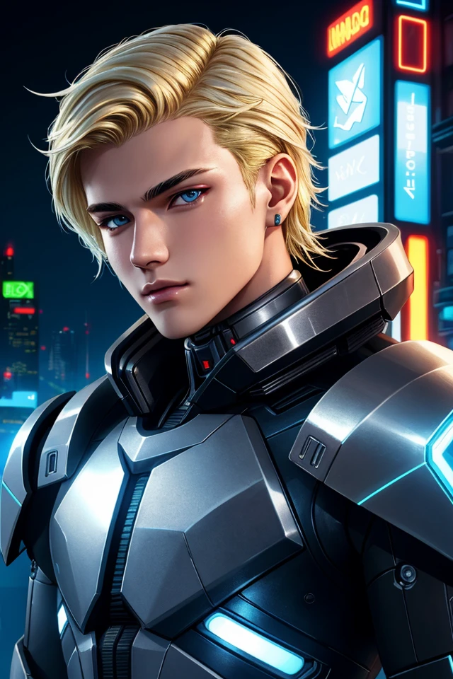 epic professional upper body headshot official art cyberpunk android young 19yo male model robot, detailed face, smooth features, blonde hair, silver PVC panels, neon-lit night city, detailed eyes