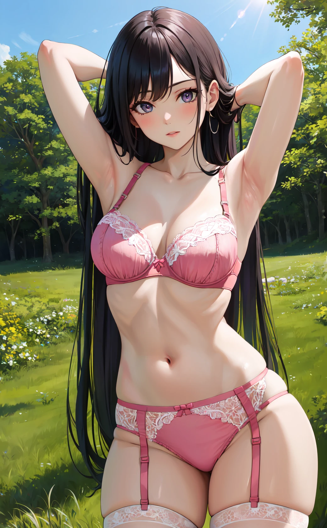 masterpiece, best quality, highres,
UnderwearDef, 1girl, solo,
thighhighs, bare shoulders, pink bra, underwear, pink panties, panties, sidelocks, thighs, pink thighhighs, bra, highleg, garter straps, underwear only, lingerie, garter belt, thong, string panties, g-string, lace bra,
cowboy shot, looking at viewer, arms behind head, armpits, outdoors, forest, field, sky, blue sky, sunlight, grass, forest, <lora:Underwear:1>